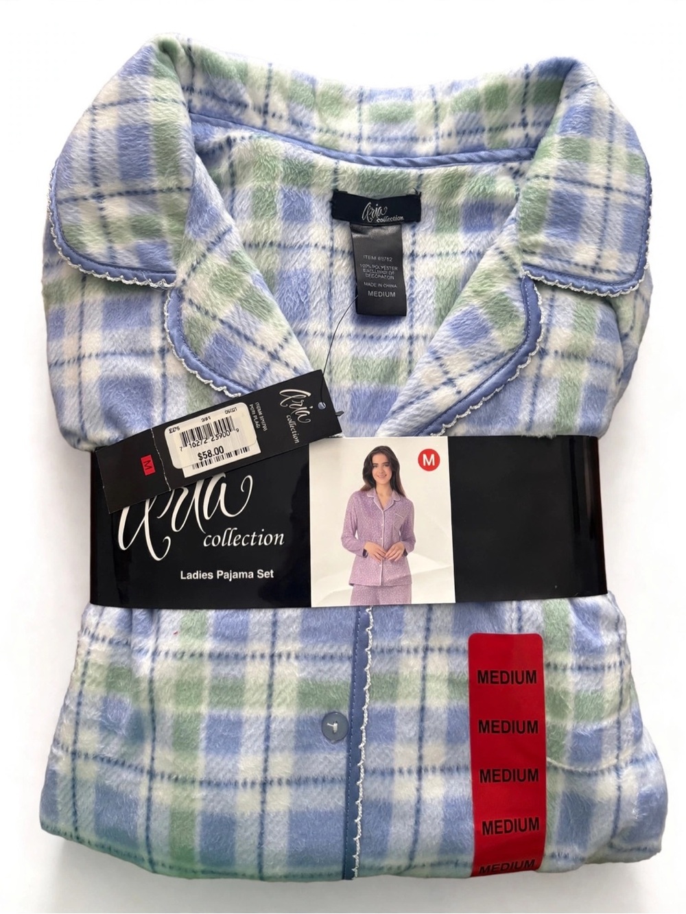 Aria Collection Women’s Blue & Green Plaid Fleece Pajama Set - Medium